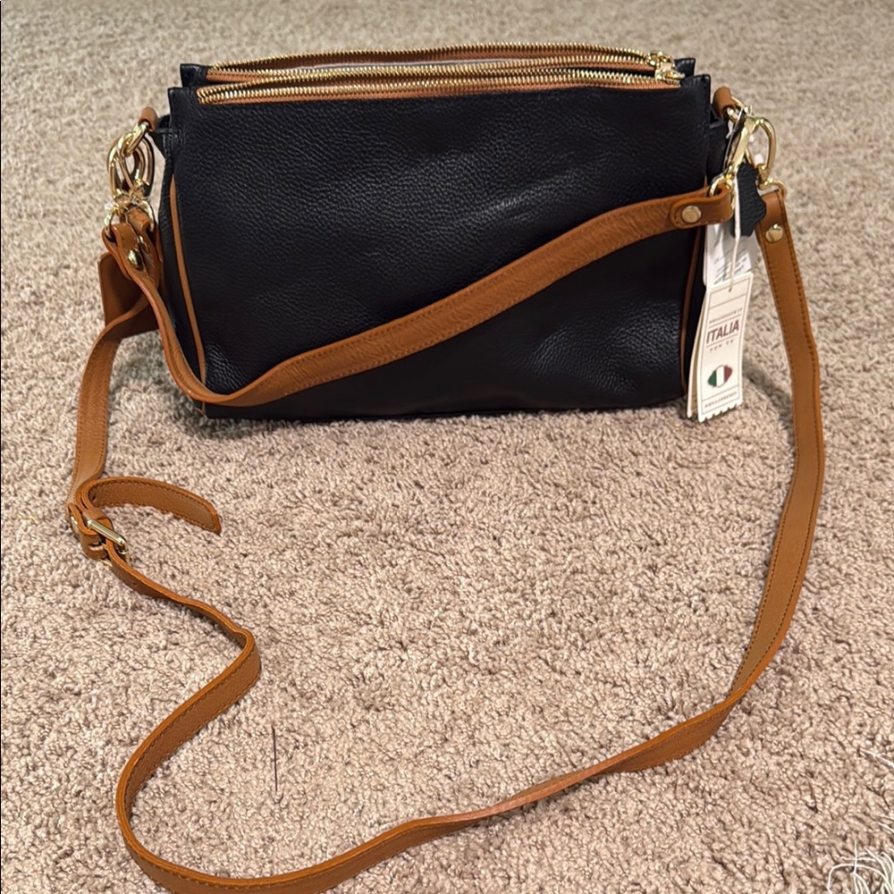 Valentina Black and Tan Crossbody Bag with Structured Silhouette - Picture 1 of 5